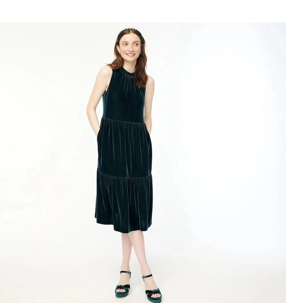J Crew Velvet Tiered Sleeveless Midi Dress Emerald Green Holiday Party NWT Sz 4